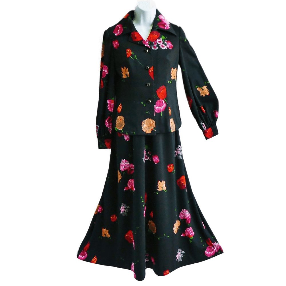 Vintage 70s 2pc Maxi Dress Jacket Suit Set Black Floral Sweetheart V Neck Moody - Picture 2 of 12
